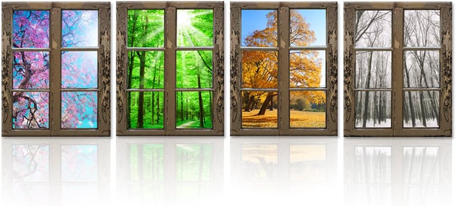 A window with different images of trees and bushes.